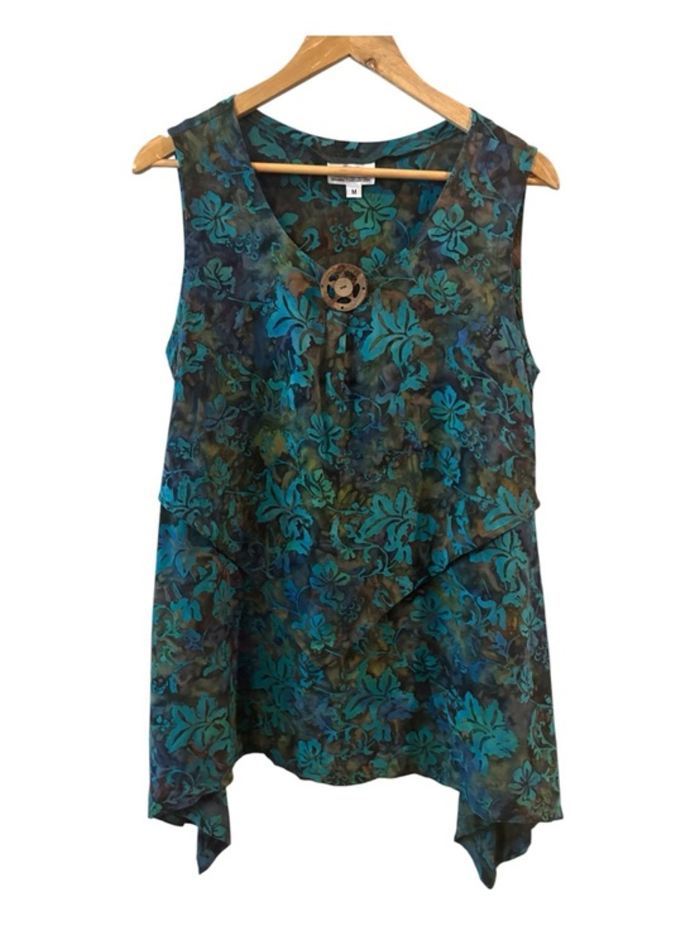 Lidia’s Unique Designs Batik Tunic Top Medium Blue Floral Handkerchief Hem